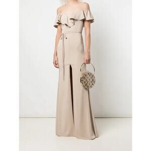 Marchesa Beige Off-Shoulder Ruffle Prom Gown